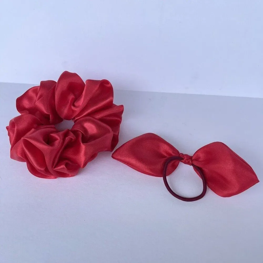 set of 2 New Satin Scrunchie Hair Tie Red